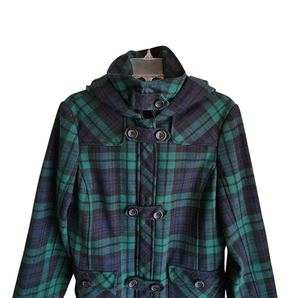 Vintage Lands End Wool Blend Duffle Coat Women L/XL Navy Green Tartan Plaid Hood - Picture 2 of 13